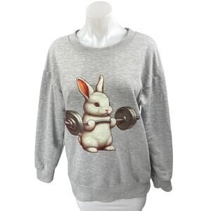 Weightlifting Rabbit Gray Graphic Long Sleeve Crew Neck Sweatshirt Sweater Top S